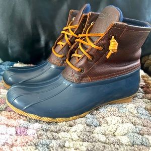 Sperry Salt Water Duck Boots Blue and Brown Leather Ladies Sz. 9